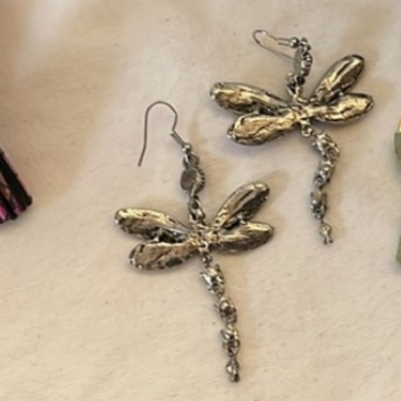 Silver Dragonfly Earrings With Colorful Rainbow Gemstone Crystals - Picture 2 of 2